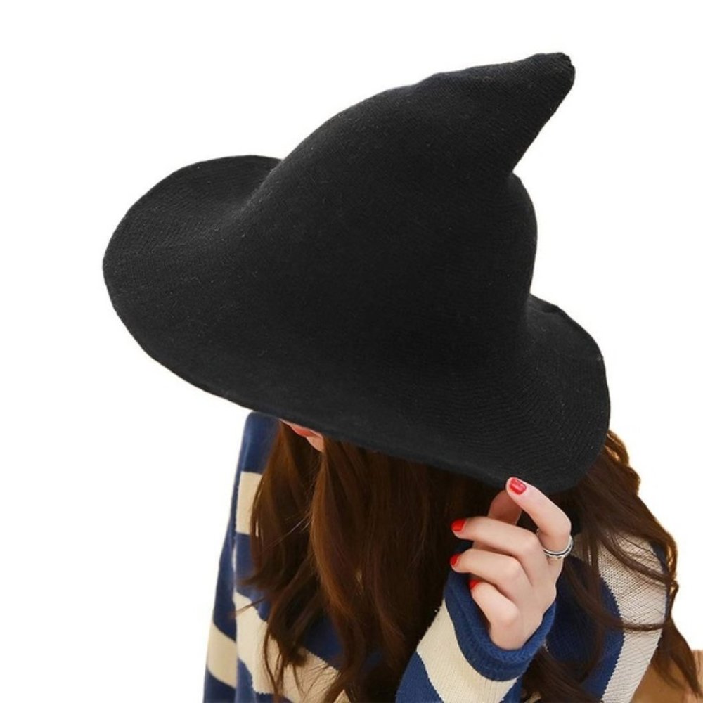 Womens Wool Felt Big Pointed Witch Knitted Hats（4 BLACK）